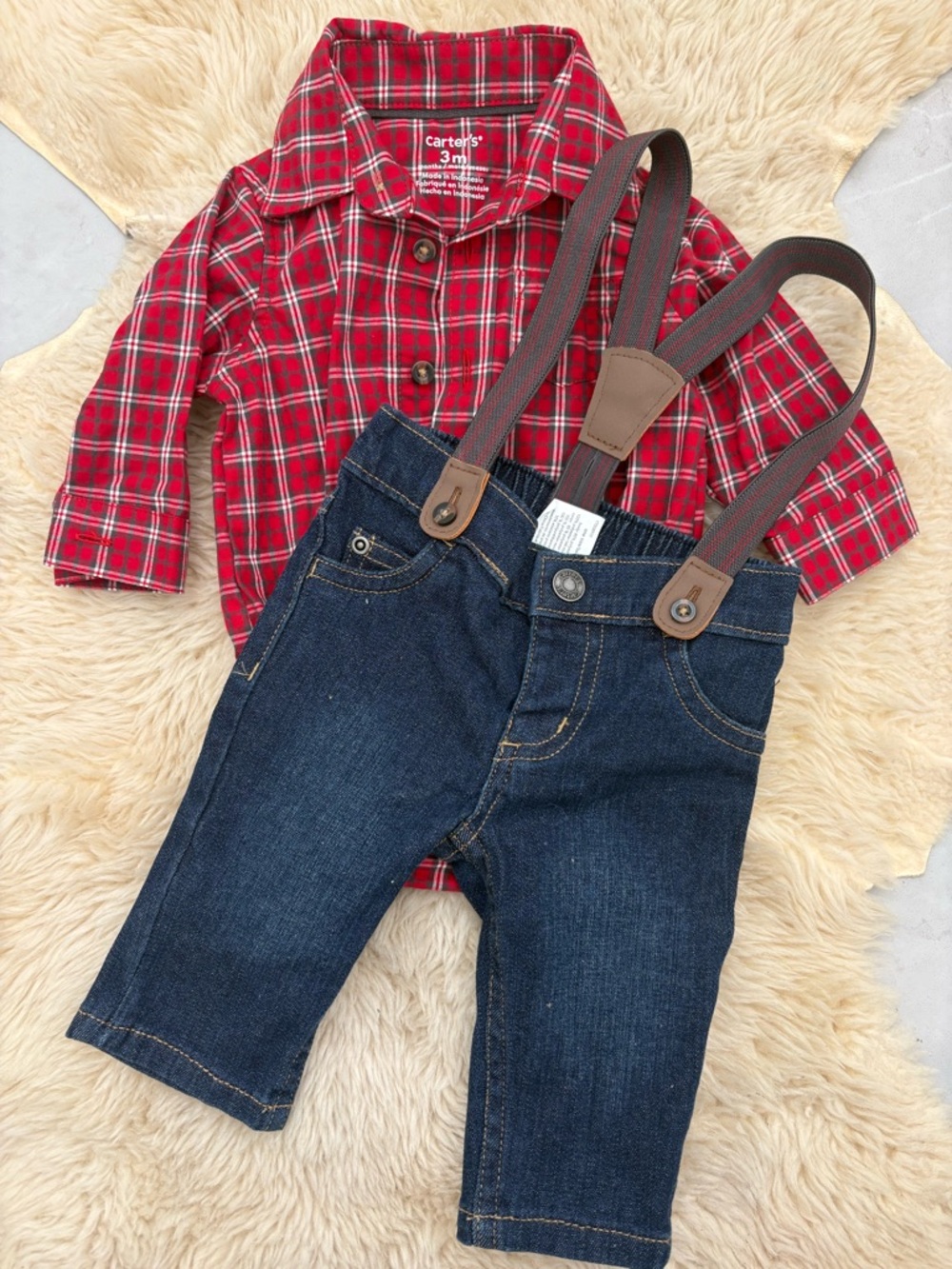 NWOT - Carter's Red Plaid diaper Shirt & Dark Denim Suspender Pants Set